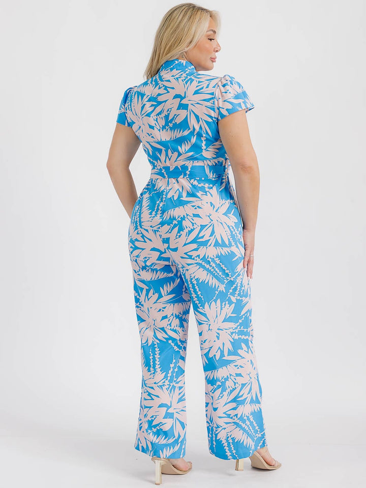 PLUS SIZE SHORT SLEEVE BUTTON UP FRONT POCKETS LEAF PRINT WIDE LEG JUMPSUIT