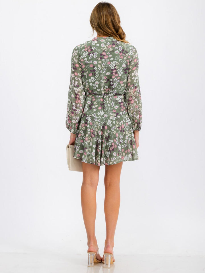 WOMEN'S LONG SLEEVE BUTTON UP SELF TIE FLORAL MINI DRESS
