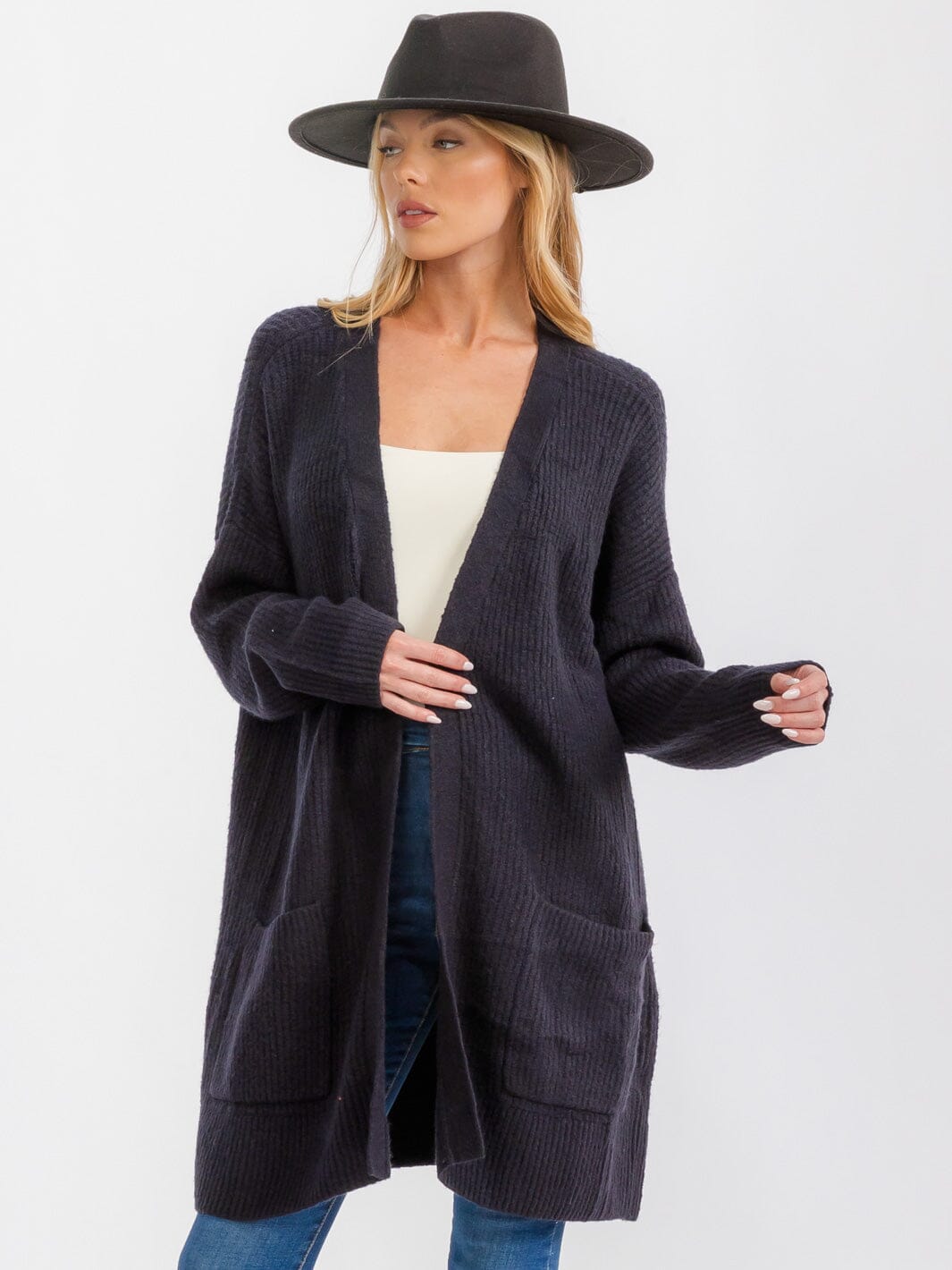 WOMEN'S LONG SLEEVE OPEN FRONT POCKETS CARDIGAN