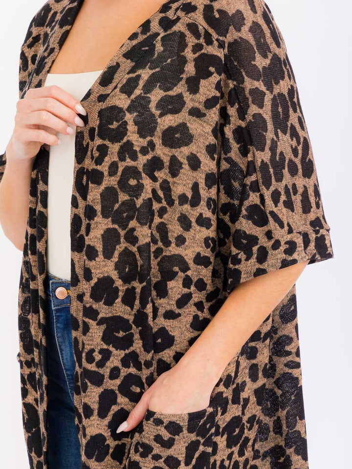 WOMEN'S SHORT SLEEVES OPEN FRONT POCKETS ANIMAL PRINT CARDIGAN