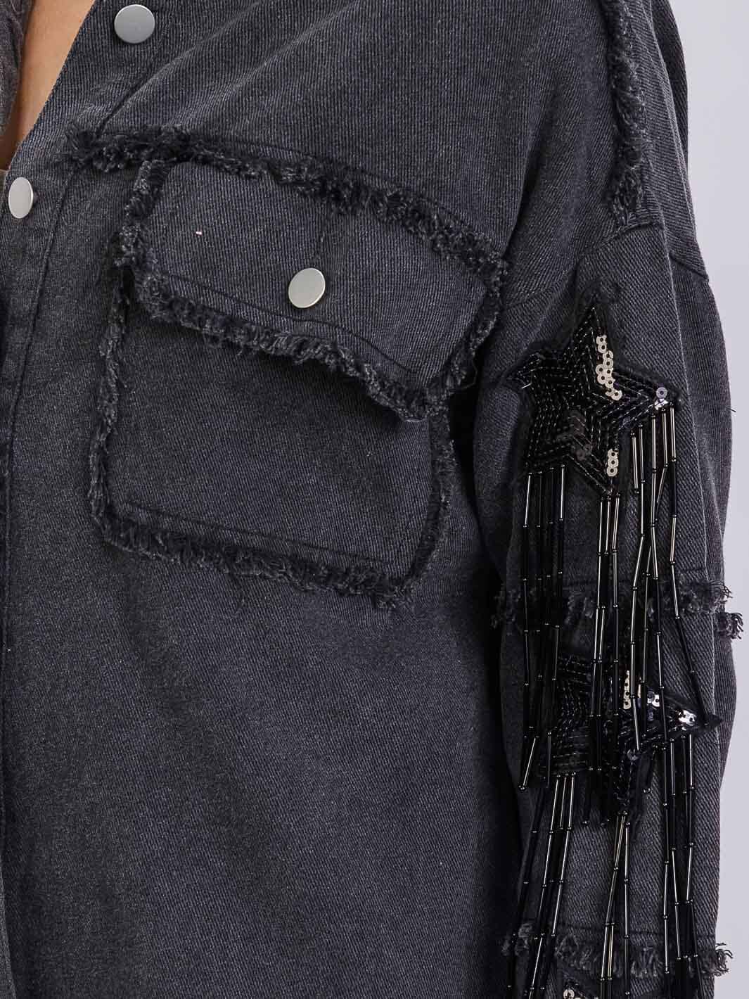 WOMEN'S LONG SLEEVE BUTTON UP SEQUINS FRINGE DENIM SHACKET