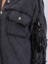 WOMEN'S LONG SLEEVE BUTTON UP SEQUINS FRINGE DENIM SHACKET