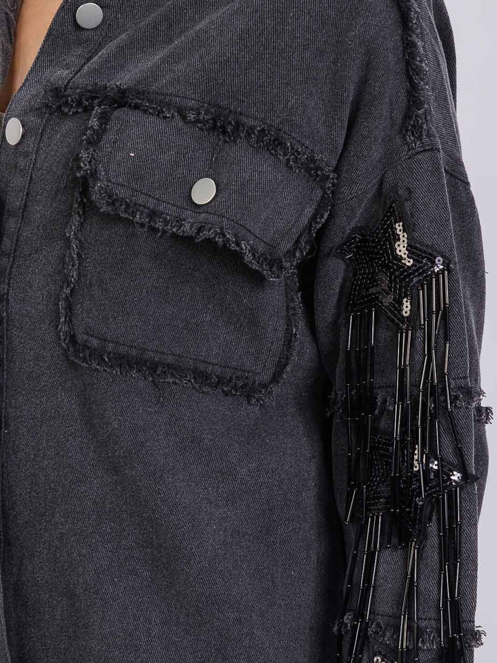 WOMEN'S LONG SLEEVE BUTTON UP SEQUINS FRINGE DENIM SHACKET