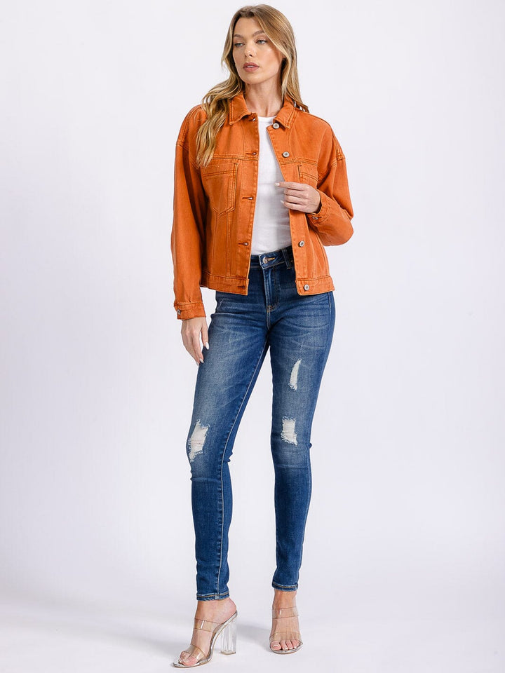 WOMEN'S LONG SLEEVE BUTTON CLOSURE FRONT POCKETS DENIM JACKET