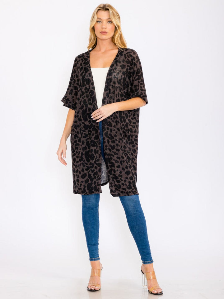 WOMEN'S SHORT SLEEVES OPEN FRONT POCKETS ANIMAL PRINT CARDIGAN
