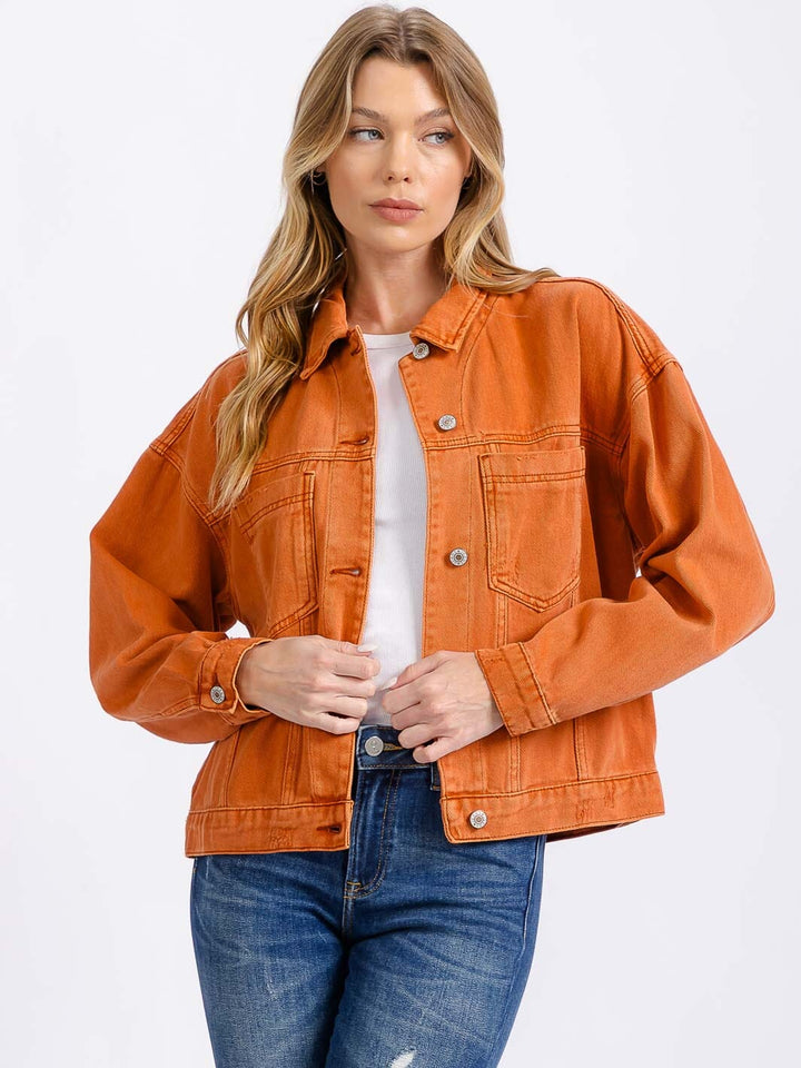 WOMEN'S LONG SLEEVE BUTTON CLOSURE FRONT POCKETS DENIM JACKET