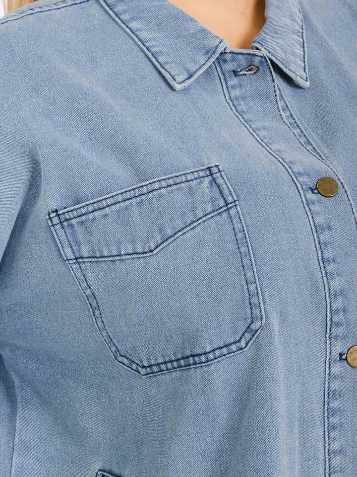 PLUS SIZE LONG SLEEVE BUTTON CLOSURE POCKETS DENIM JACKET