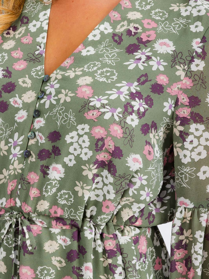 WOMEN'S LONG SLEEVE BUTTON UP SELF TIE FLORAL MINI DRESS