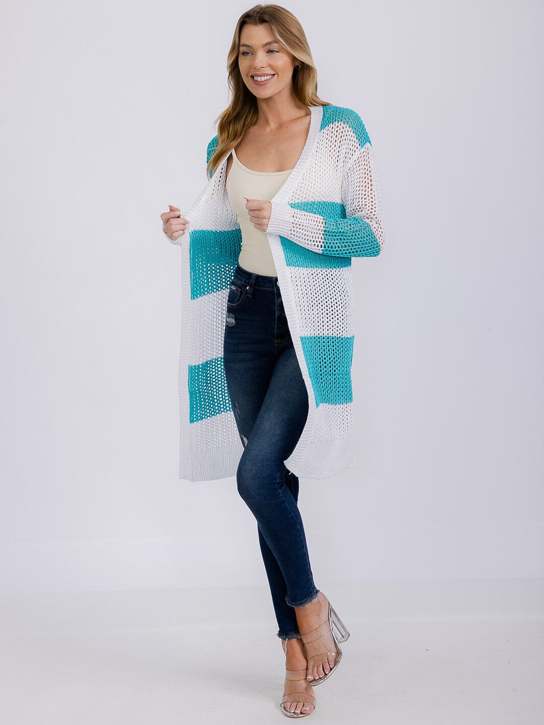 WOMEN'S LONG SLEEVE OPEN COLORBLOCK KNIT CARDIGAN