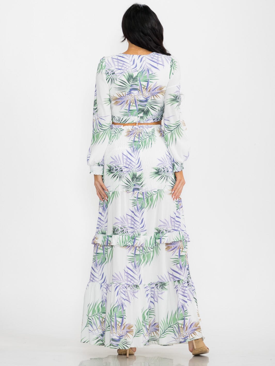 WOMEN'S LONG SLEEVE CROP TOP & SMOCK WAIST MAXI SKIRT LEAF PRINT 2PC. SET