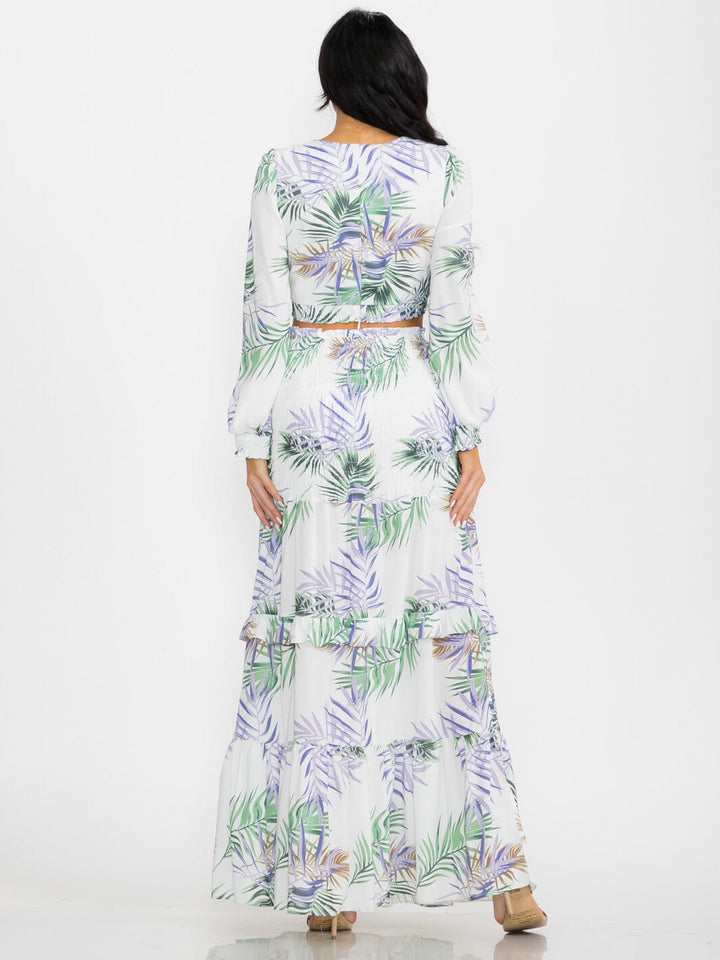 WOMEN'S LONG SLEEVE CROP TOP & SMOCK WAIST MAXI SKIRT LEAF PRINT 2PC. SET