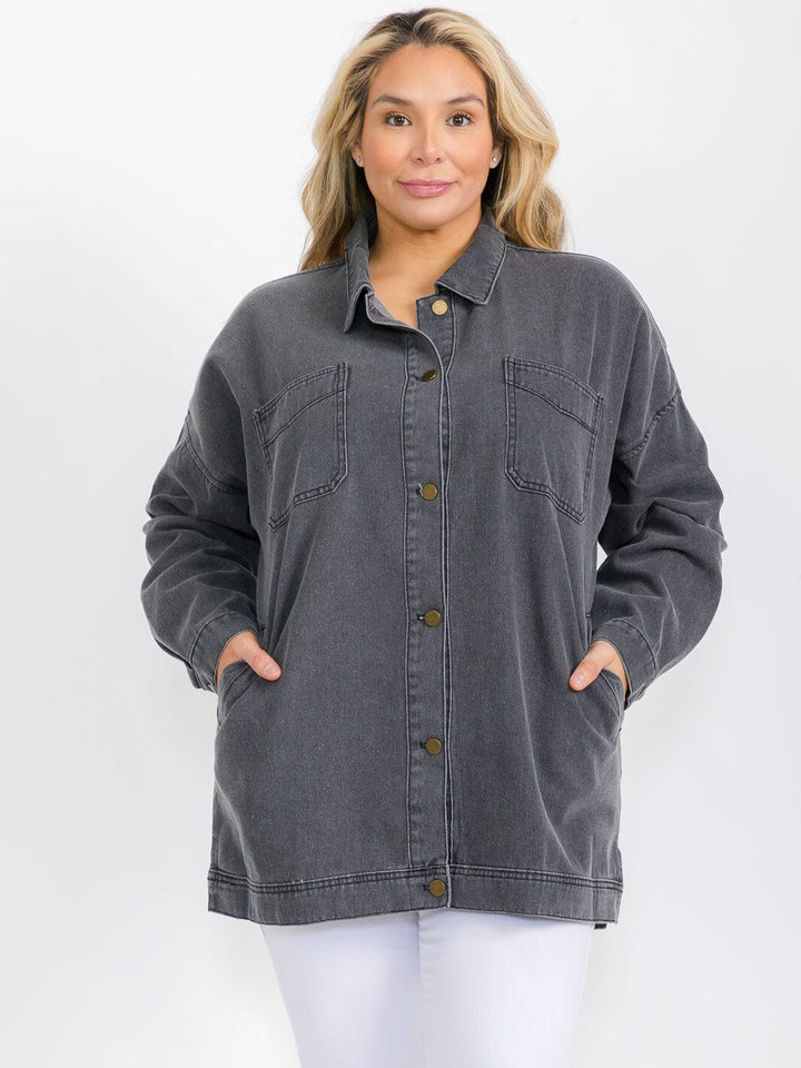 PLUS SIZE LONG SLEEVE BUTTON CLOSURE POCKETS DENIM JACKET