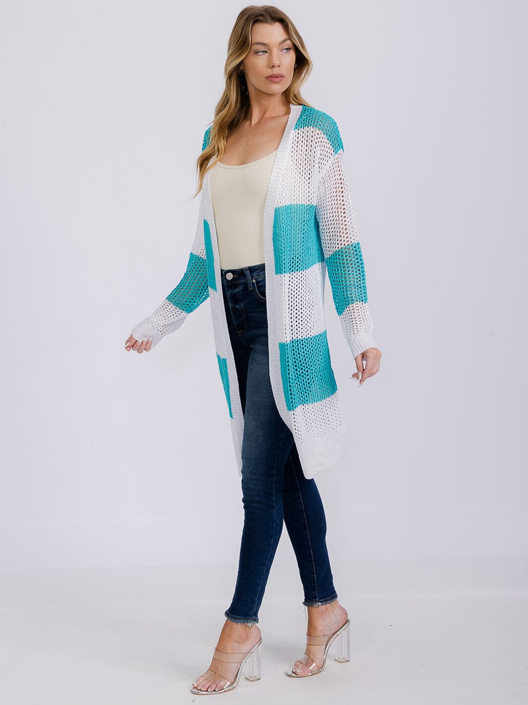 WOMEN'S LONG SLEEVE OPEN COLORBLOCK KNIT CARDIGAN