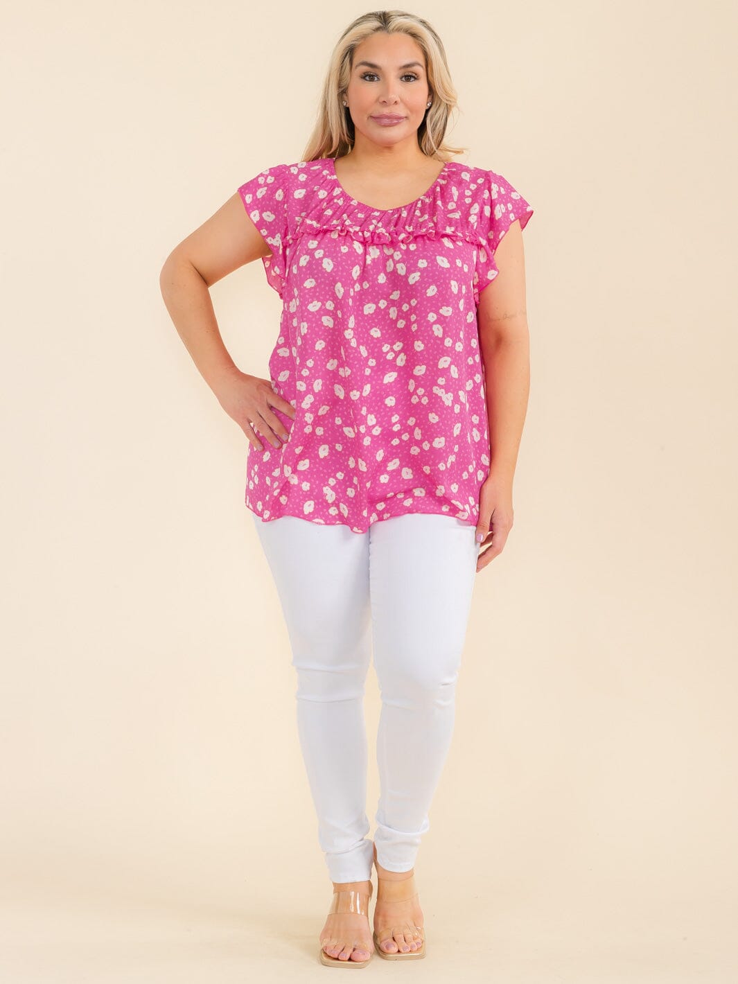 PLUS SIZE SHORT SLEEVE TIERED FLORAL TUNIC BLOUSE