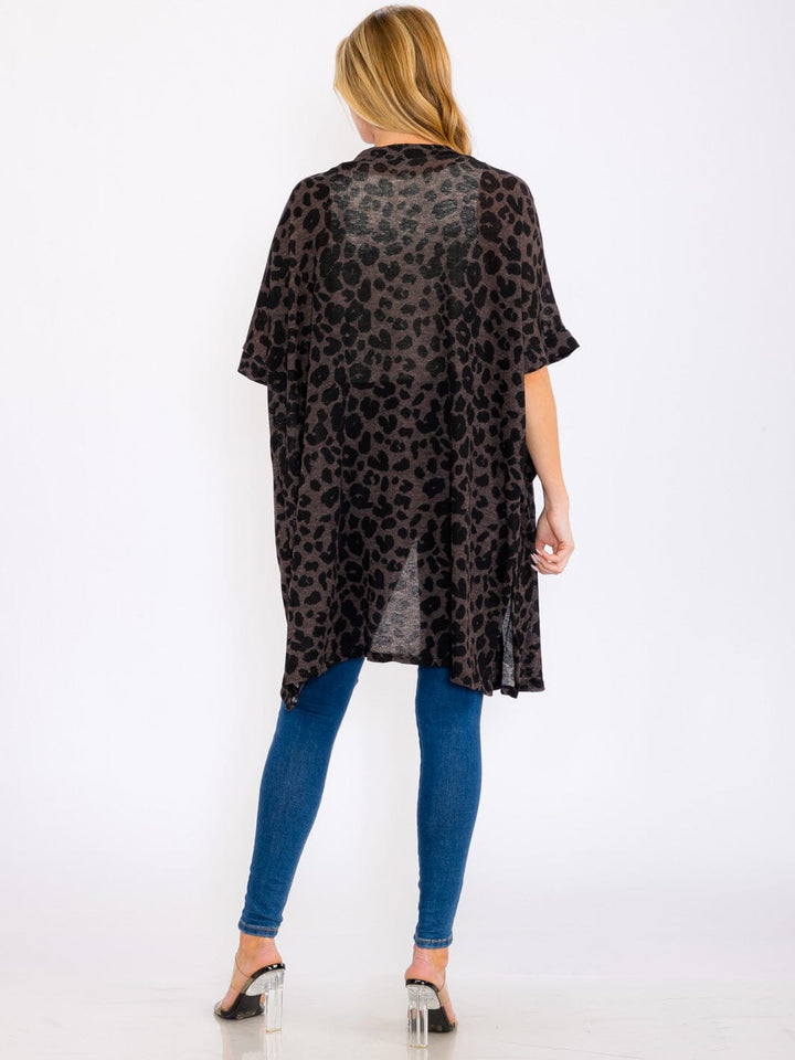 WOMEN'S SHORT SLEEVES OPEN FRONT POCKETS ANIMAL PRINT CARDIGAN