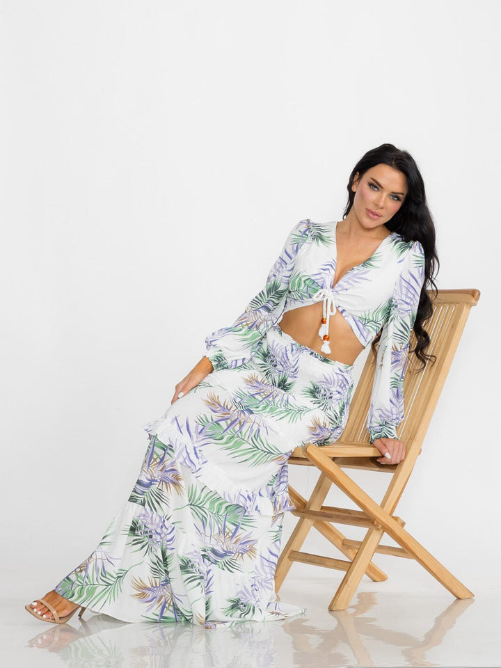 WOMEN'S LONG SLEEVE CROP TOP & SMOCK WAIST MAXI SKIRT LEAF PRINT 2PC. SET