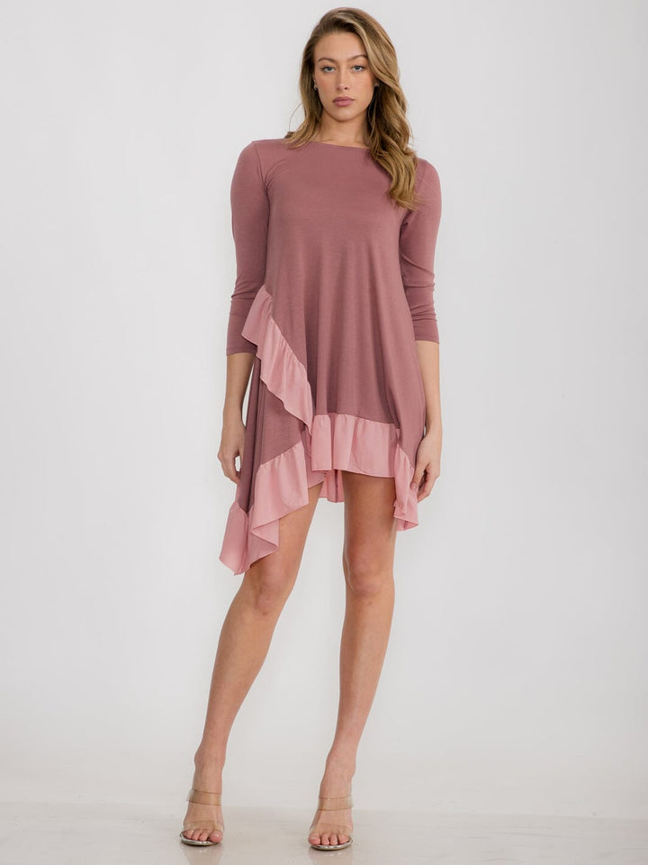 WOMEN'S 3/4 SLEEVE LOOSE FIT RUFFLE DETAILED HIGH-LOW MINI DRESS