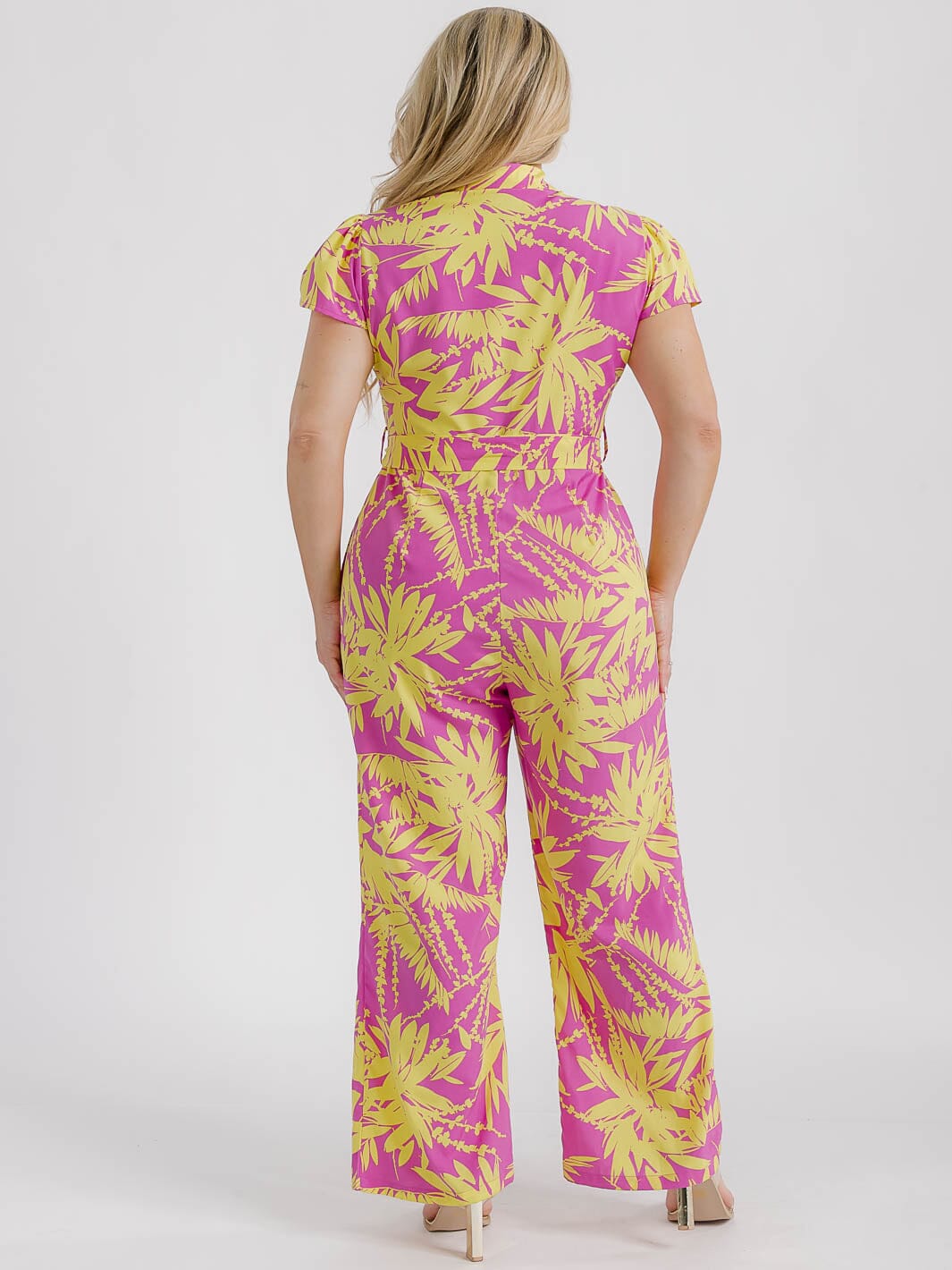 PLUS SIZE SHORT SLEEVE BUTTON UP FRONT POCKETS LEAF PRINT WIDE LEG JUMPSUIT