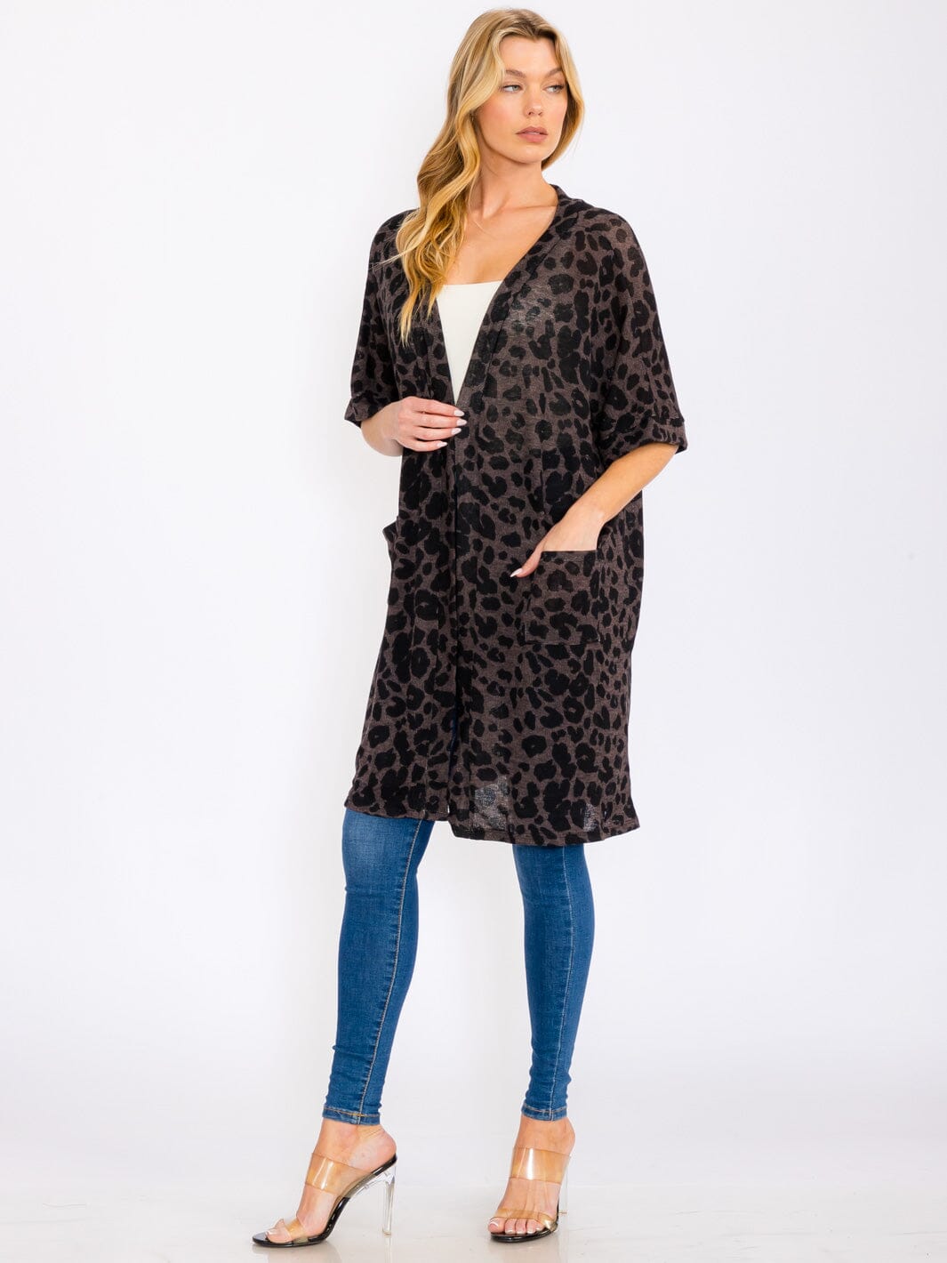 WOMEN'S SHORT SLEEVES OPEN FRONT POCKETS ANIMAL PRINT CARDIGAN