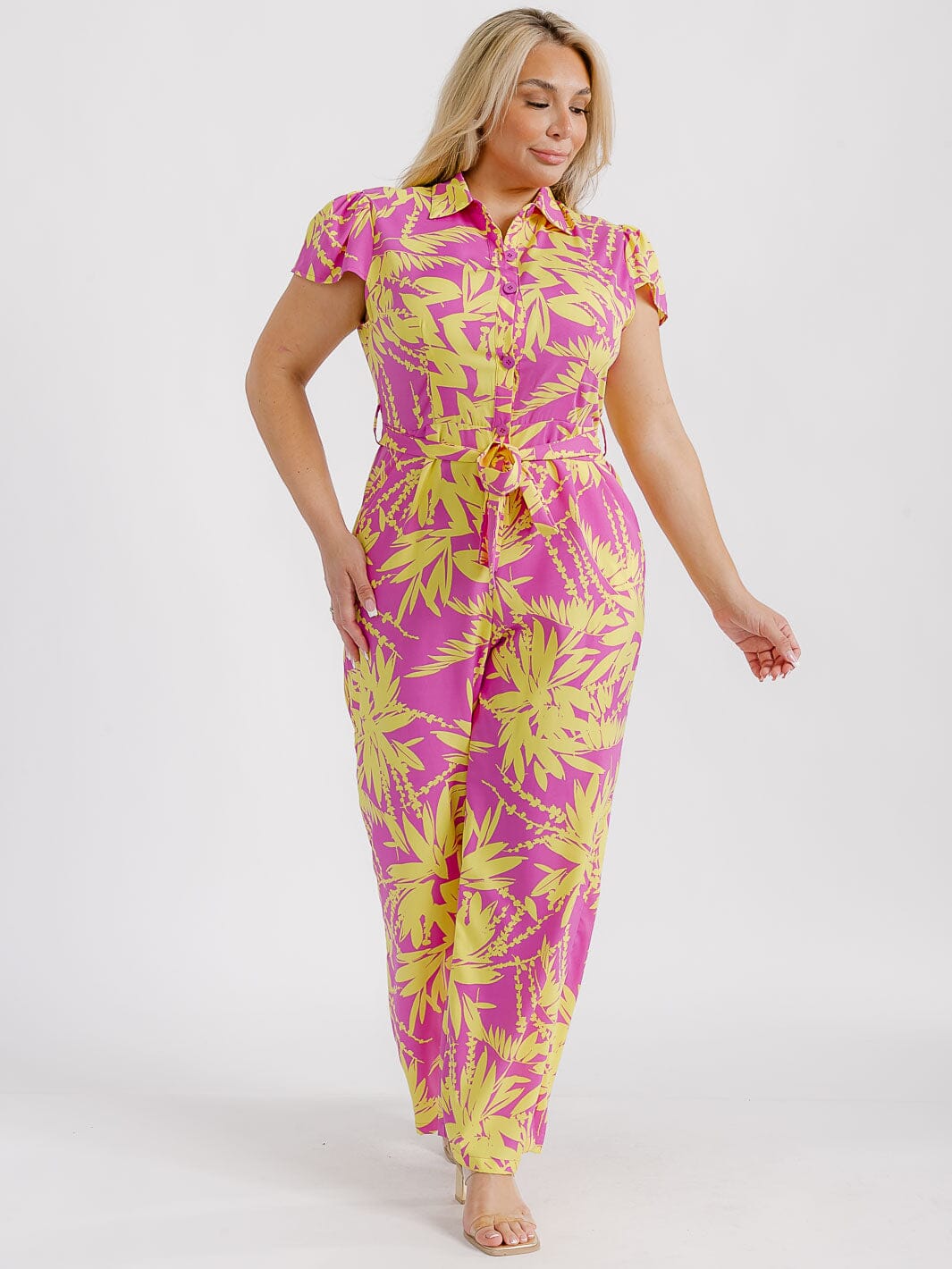 PLUS SIZE SHORT SLEEVE BUTTON UP FRONT POCKETS LEAF PRINT WIDE LEG JUMPSUIT
