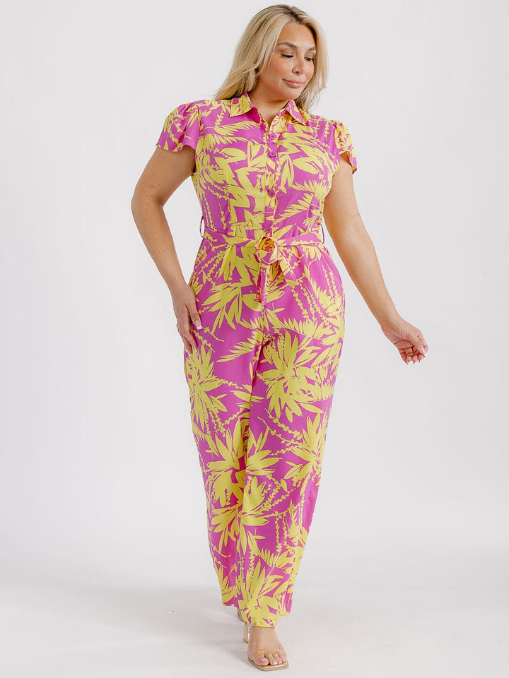 PLUS SIZE SHORT SLEEVE BUTTON UP FRONT POCKETS LEAF PRINT WIDE LEG JUMPSUIT
