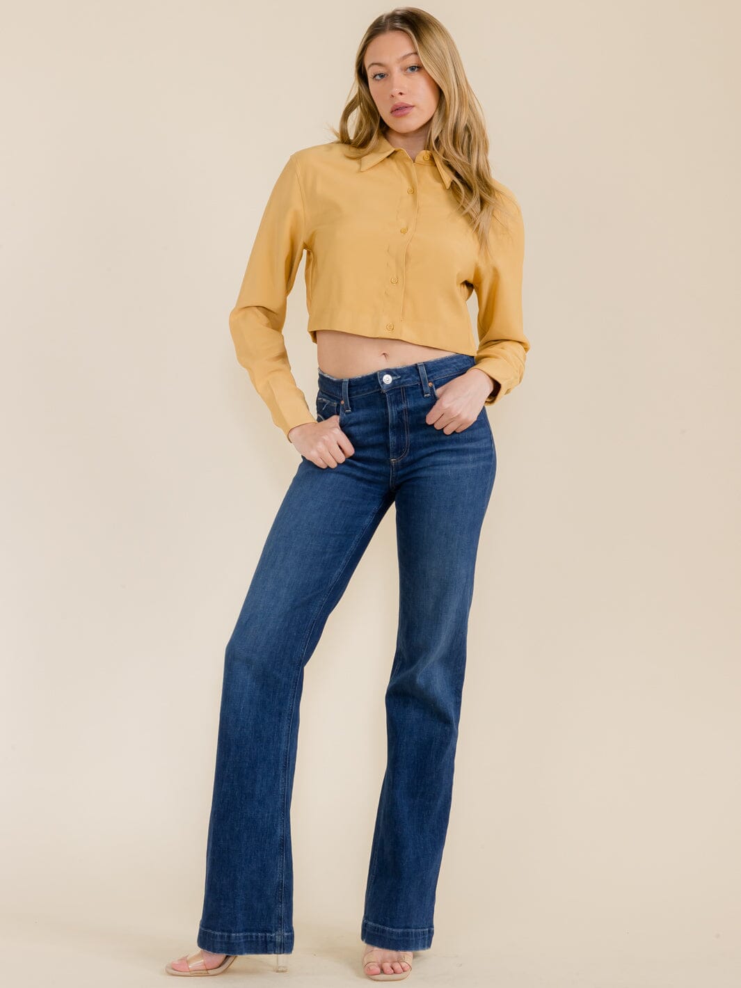 WOMEN'S LONG SLEEVE BUTTON UP CROP TOP