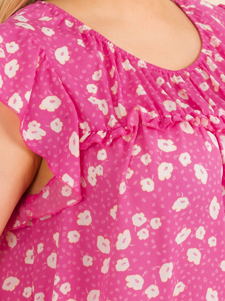 PLUS SIZE SHORT SLEEVE TIERED FLORAL TUNIC BLOUSE