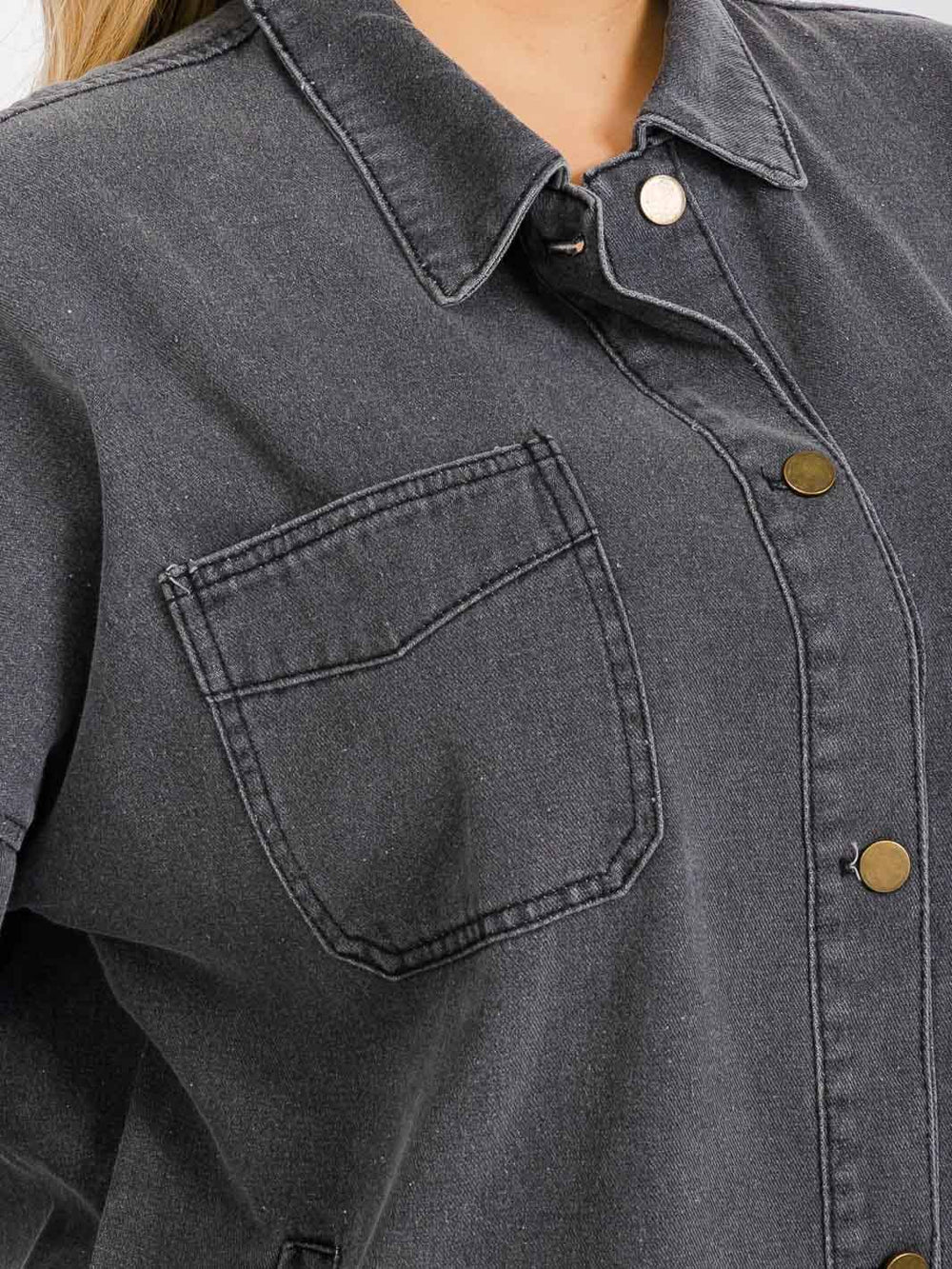PLUS SIZE LONG SLEEVE BUTTON CLOSURE POCKETS DENIM JACKET