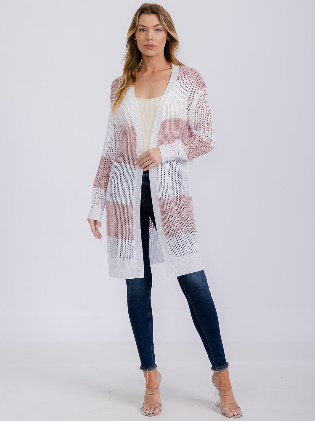 WOMEN'S LONG SLEEVE OPEN COLORBLOCK KNIT CARDIGAN