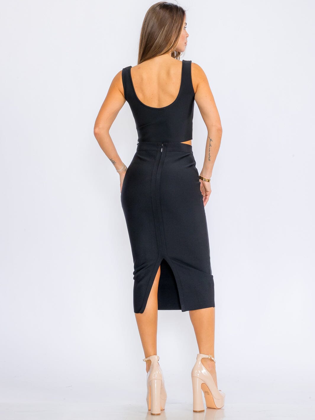 WOMEN'S ZIPPER CLOSUREBANDAGE PENCIL MIDI SKIRT