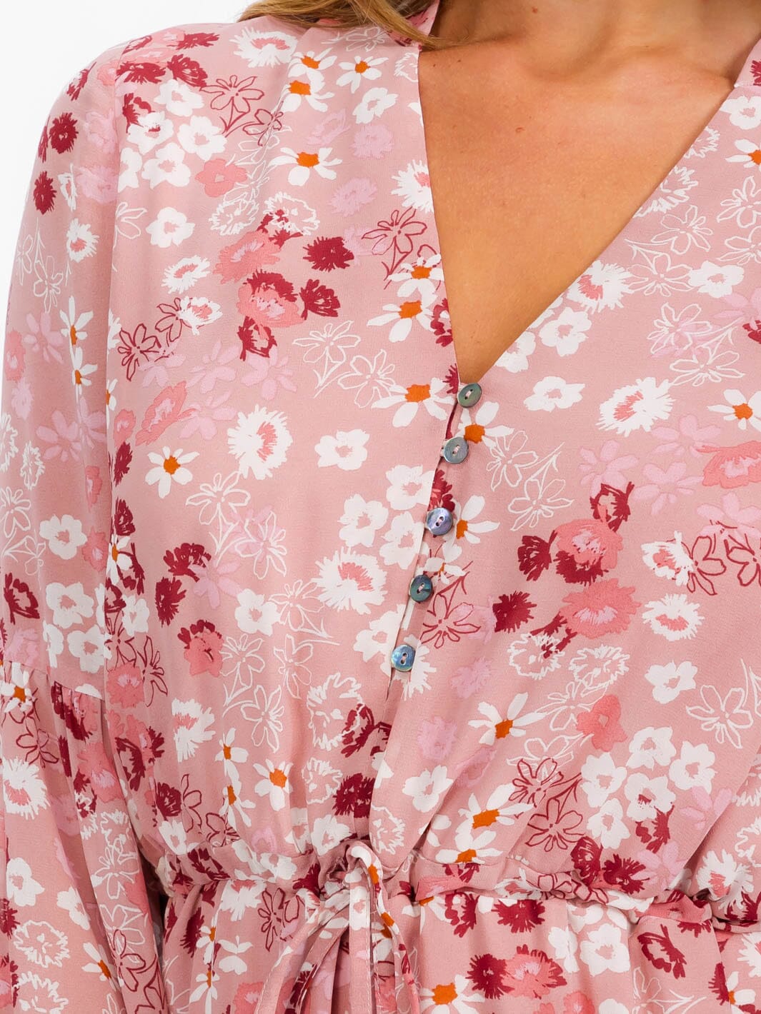 WOMEN'S LONG SLEEVE BUTTON UP SELF TIE FLORAL MINI DRESS