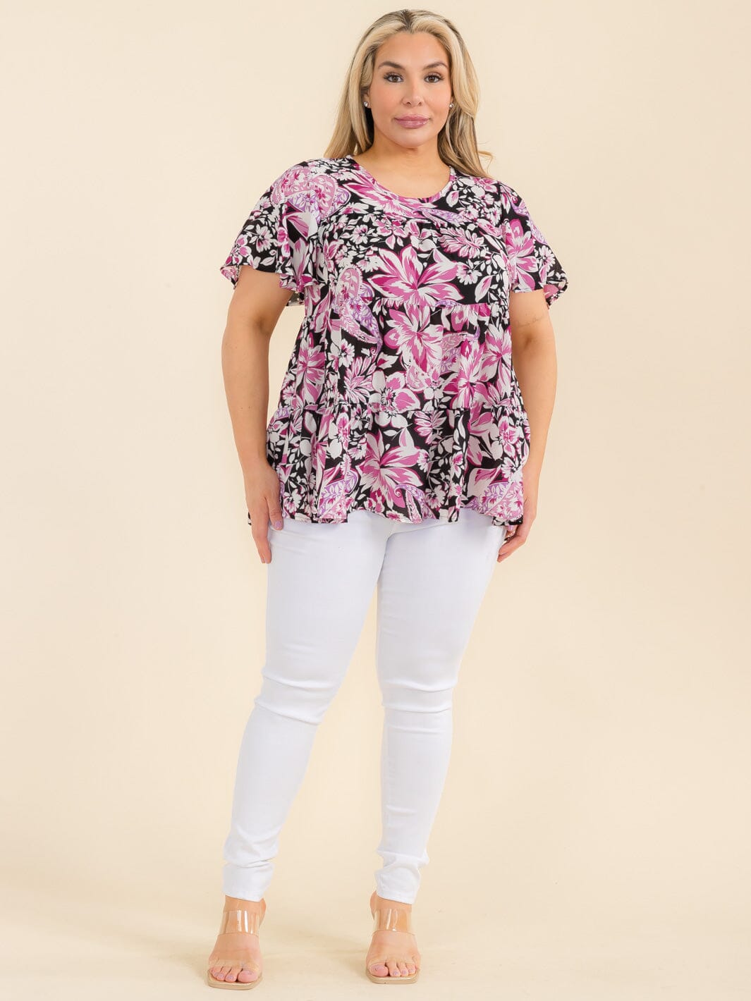 PLUS SIZE SHORT SLEEVE TIERED FLORAL TUNIC BLOUSE