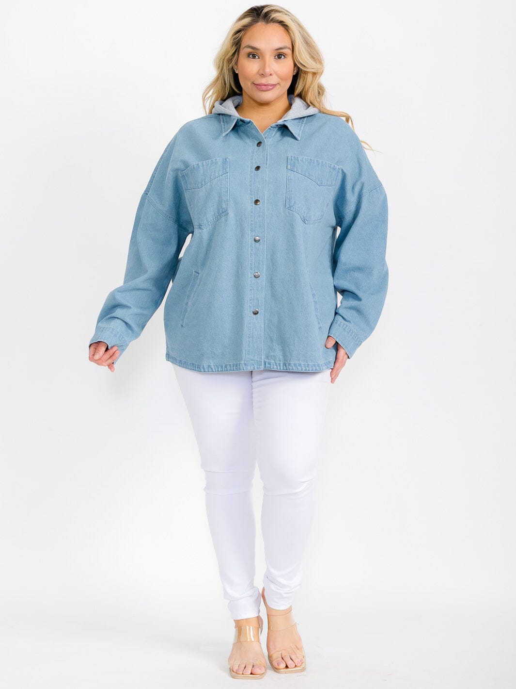 PLUS SIZE LONG SLEEVE BUTTON CLOSURE POCKETS HOODED DENIM JACKET