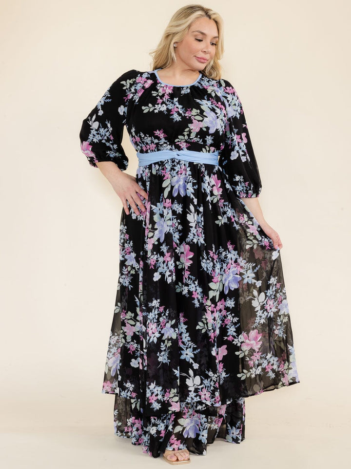 PLUS SIZE 3/4 SLEEVE FLOWER PRINT SELF TIE MAXI DRESS