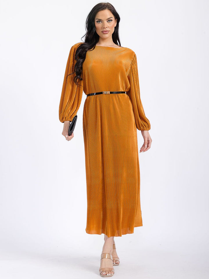 WOMEN'S LONG PUFF SLEEVES BELTED RIBBED MAXI DRESS