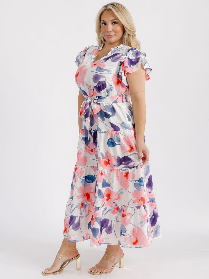 PLUS SIZE SHORT RUFFLE SLEEVE V-NECK TIERED ELASTIC WAIST FLORAL MAXI DRESS