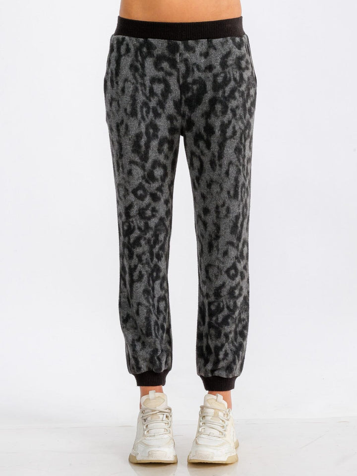 WOMEN'S ELASTIC WAIST FRONT POCKET ANIMAL PRINT FLEECE JOGGER SWEATPANTS
