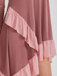 WOMEN'S 3/4 SLEEVE LOOSE FIT RUFFLE DETAILED HIGH-LOW MINI DRESS