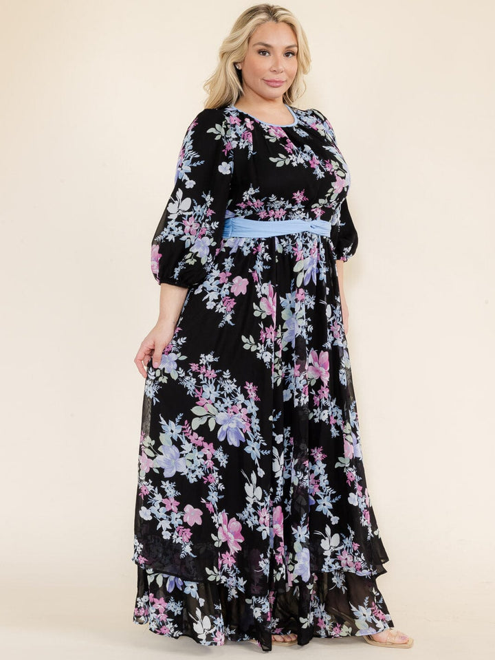 PLUS SIZE 3/4 SLEEVE FLOWER PRINT SELF TIE MAXI DRESS
