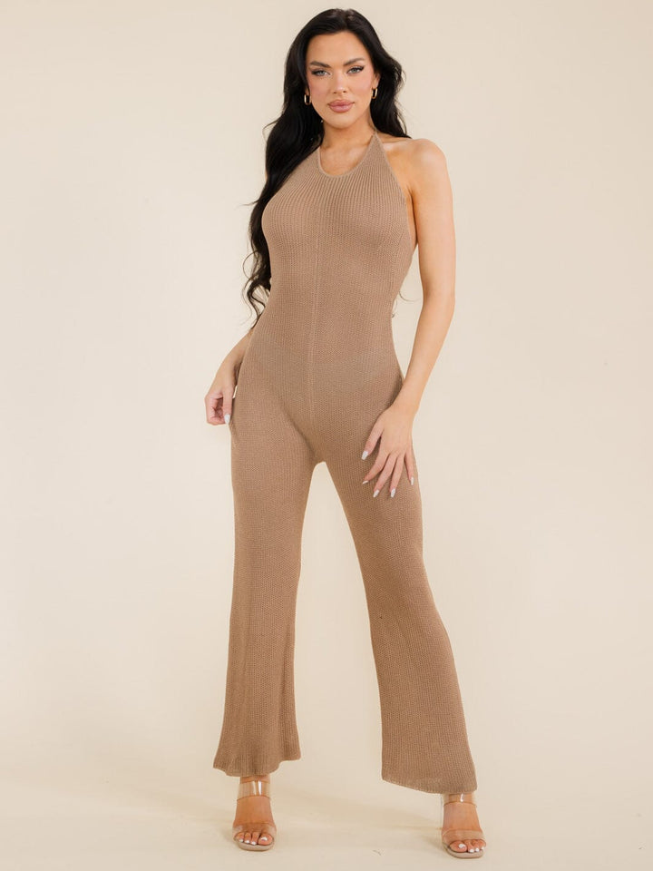 WOMEN'S SLEEVELESS HALTER NECK OPEN BACK KNIT JUMPSUIT