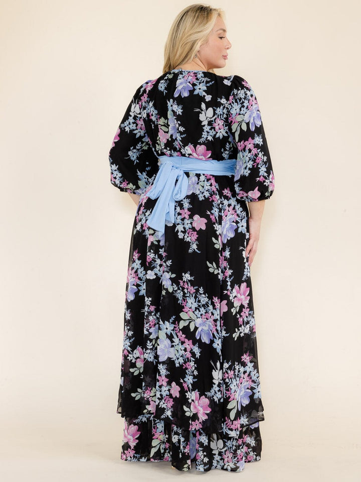 PLUS SIZE 3/4 SLEEVE FLOWER PRINT SELF TIE MAXI DRESS