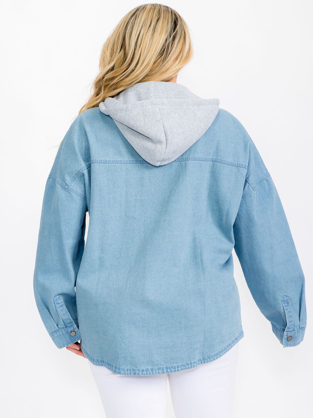 PLUS SIZE LONG SLEEVE BUTTON CLOSURE POCKETS HOODED DENIM JACKET