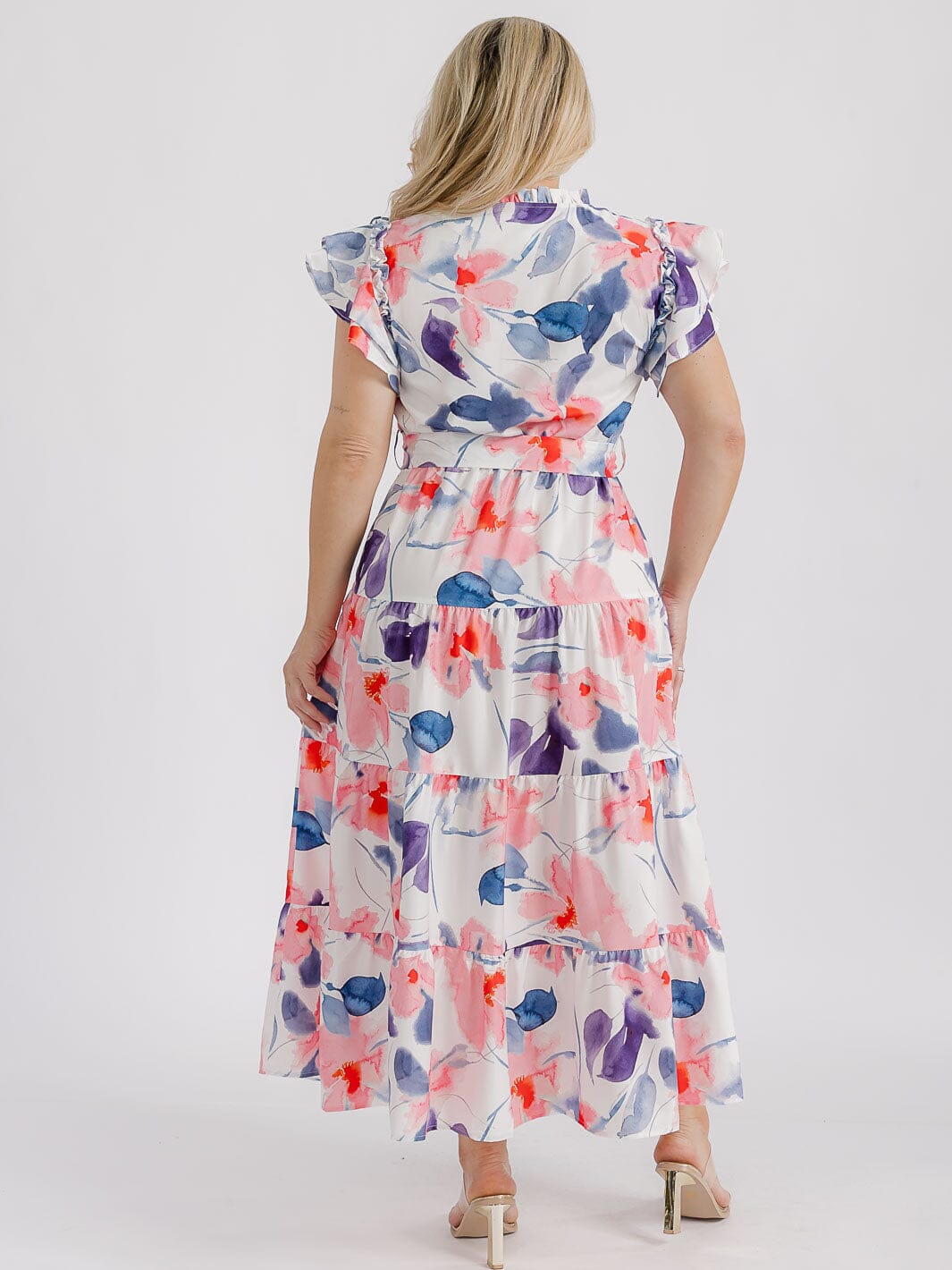 PLUS SIZE SHORT RUFFLE SLEEVE V-NECK TIERED ELASTIC WAIST FLORAL MAXI DRESS