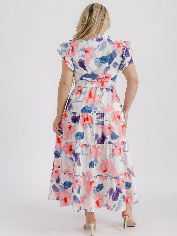 PLUS SIZE SHORT RUFFLE SLEEVE V-NECK TIERED ELASTIC WAIST FLORAL MAXI DRESS