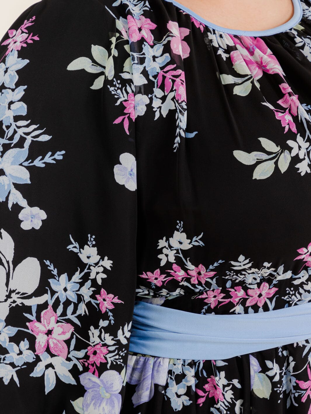 PLUS SIZE 3/4 SLEEVE FLOWER PRINT SELF TIE MAXI DRESS