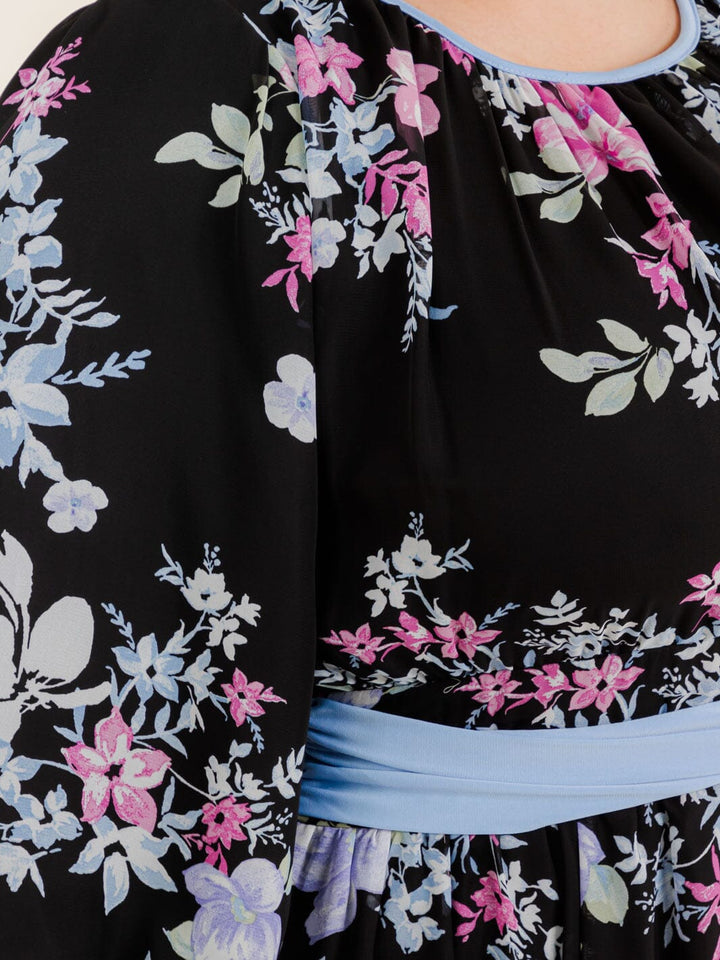 PLUS SIZE 3/4 SLEEVE FLOWER PRINT SELF TIE MAXI DRESS