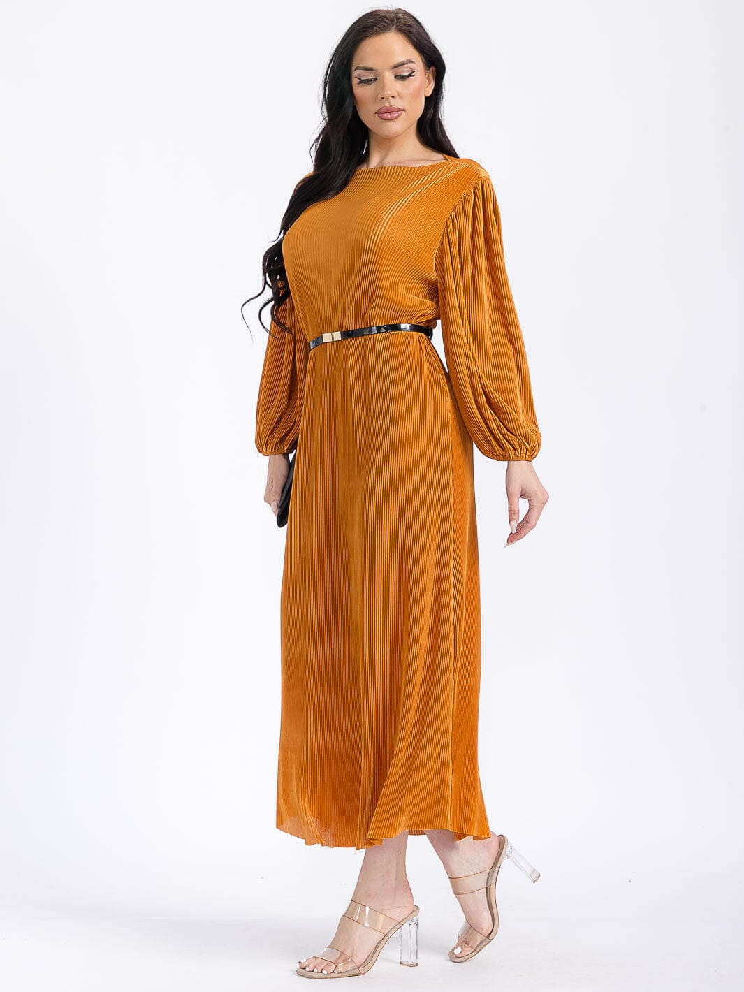 WOMEN'S LONG PUFF SLEEVES BELTED RIBBED MAXI DRESS