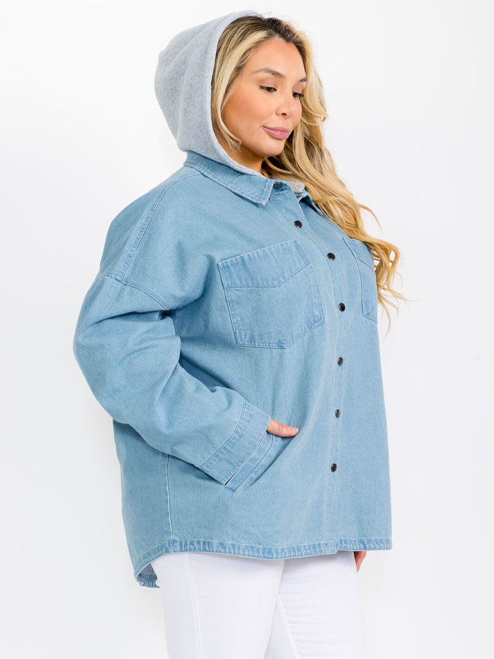 PLUS SIZE LONG SLEEVE BUTTON CLOSURE POCKETS HOODED DENIM JACKET