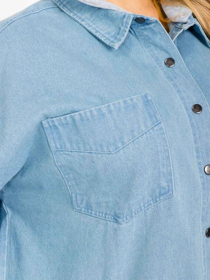PLUS SIZE LONG SLEEVE BUTTON CLOSURE POCKETS HOODED DENIM JACKET