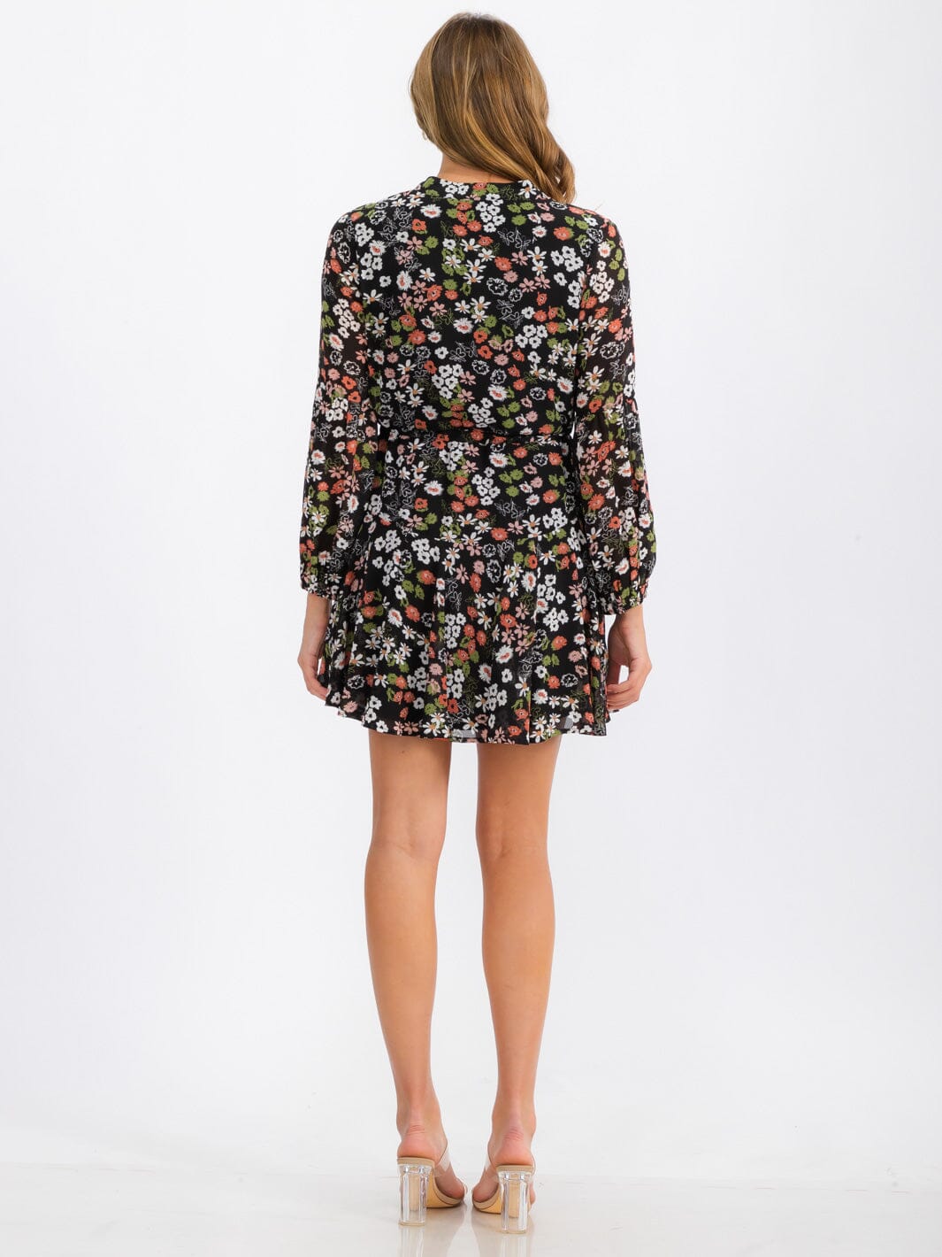 WOMEN'S LONG SLEEVE BUTTON UP SELF TIE FLORAL MINI DRESS